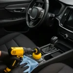 Using drill brush and microfiber cloth as part of interior car detailing hacks to clean car interior
