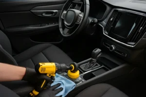 Using drill brush and microfiber cloth as part of interior car detailing hacks to clean car interior