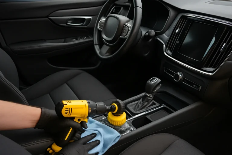 Using drill brush and microfiber cloth as part of interior car detailing hacks to clean car interior