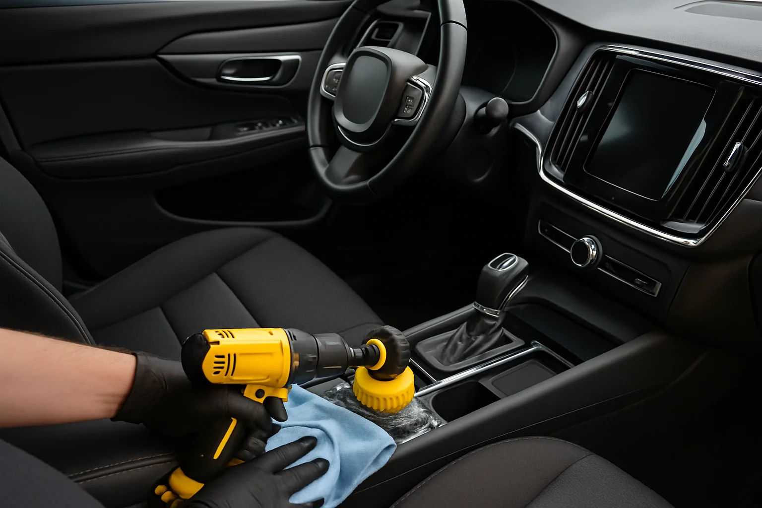 Using drill brush and microfiber cloth as part of interior car detailing hacks to clean car interior