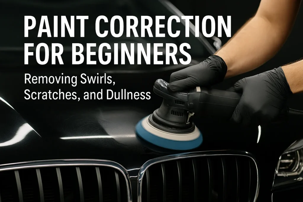 A person using a dual-action polisher on a black car hood to remove swirls, scratches, and dullness during paint correction.