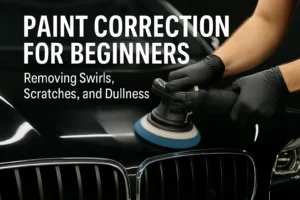 A person using a dual-action polisher on a black car hood to remove swirls, scratches, and dullness during paint correction.
